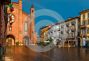 San Lorenzo cathedral on central town square in Alba, Italy.