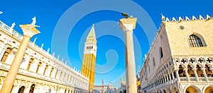 San Marco Sqaure panorama, Doge`s Palace and Campanile tower in Venice, Italy photo