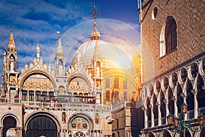 San Marco square with Campanile and Saint Mark`s Basilica. The main square of the old town. Venice, Italy