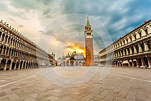 San Marco square with Campanile in sunrise. Venice, Italy.