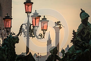 San Marco Square, with lion column, campanile and street light, Venice, Italy