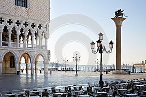 San Marco square at sunrise, nobody in Venice, Italy