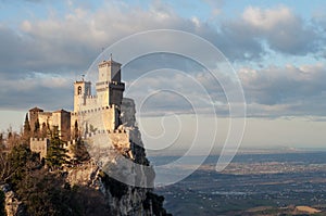 San Marino city view. Beautiful castle on the rock and and the surrounding lands.