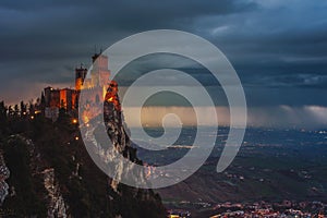 San Marino fortress of Guaita on Mount Titano at sunset