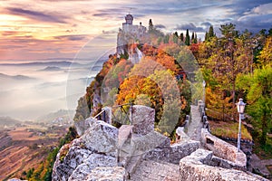 San Marino, Republic of San Marino, Italy at beautiful autumn sunrise.