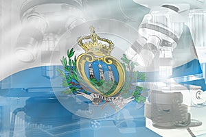 San Marino science development conceptual background - microscope on flag. Research in microbiology or clinical medicine, 3D