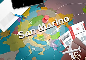 San Marino travel concept map background with planes, tickets. V