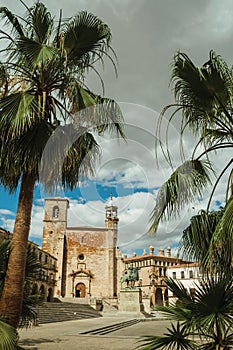 San Martin Church with Pizarro statue and palm trees at Trujillo