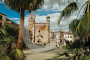 San Martin Church with Pizarro statue and palm trees at Trujillo