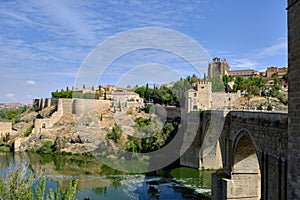 San Martin`s Bridge in Toledo, Spain, a scenic 14th-century pedestrian bridge.