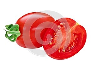 San Marzano tomatoes. Whole and cut up plum cherry juicy tomato isolated on white. Italian fresh vegetables. Organic raw