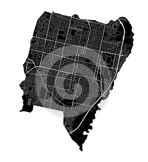 San Miguel de Tucuman city map, Argentina. Municipal administrative borders, black and white area map with rivers and roads, parks