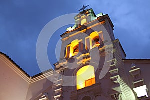 San Miguel temple at night in Sucre Bolivia