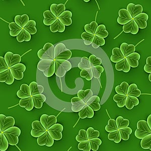 San Patrick`s Day pattern of realistic Clover leaves. Green Shamrock grass wallpaper. Joy flower for Irish beer festival