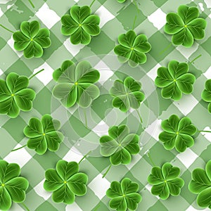 San Patrick`s Day pattern of realistic Clover leaves. Green Shamrock grass wallpaper. Joy flower for Irish beer festival