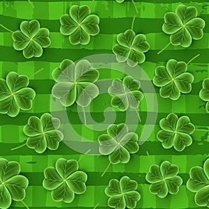 San Patrick`s Day pattern of realistic Clover leaves. Green Shamrock grass wallpaper. Joy flower for Irish beer festival