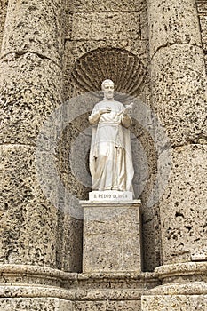 San Pedro Claver statue on facade of Santo Domingo convent, Cartagena, Colombia