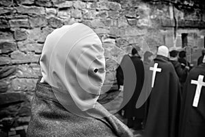 SAN VICENTE DE LA SONSIERRA, SPAIN - GOOD FRIDAY FRIDAY APRIL 6: Man does penance through self-flagellation during Easter holy pro photo