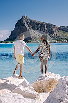 San Vito Lo Capo Sicily, San Vito lo Capo beach and Monte Monaco in background, north-western Sicily