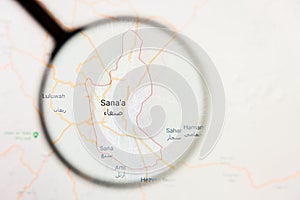 Sanaa, Yemen city visualization illustrative concept on display screen through magnifying glass