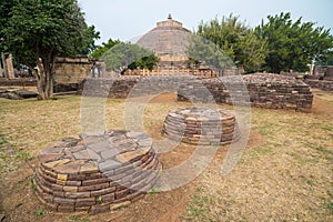 Sanchi Stupa, Ancient buddhist building, religion mystery, carved stone. Travel destination in Madhya Pradesh, India.