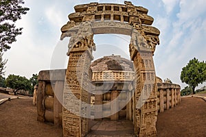 Sanchi Stupa, Ancient buddhist building, religion mystery, carved stone. Travel destination in Madhya Pradesh, India.