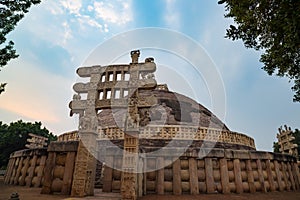 Sanchi Stupa, Ancient buddhist building, religion mystery, carved stone. Travel destination in Madhya Pradesh, India.