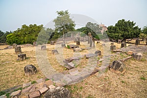 Sanchi Stupa, Ancient buddhist building, religion mystery, carved stone. Travel destination in Madhya Pradesh, India.