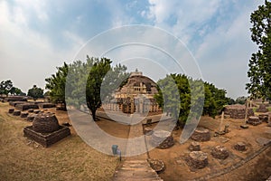 Sanchi Stupa, Ancient buddhist building, religion mystery, carved stone. Travel destination in Madhya Pradesh, India.