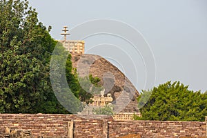 Sanchi Stupa, Ancient buddhist building, religion mystery, carved stone. Travel destination in Madhya Pradesh, India.