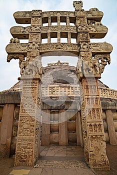 Sanchi Stupa, Ancient buddhist building, religion mystery, carved stone. Travel destination in Madhya Pradesh, India.