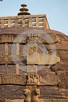 Sanchi Stupa, Ancient buddhist building, religion mystery, carved stone. Travel destination in Madhya Pradesh, India.