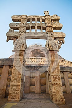 Sanchi Stupa, Ancient buddhist building, religion mystery, carved stone. Travel destination in Madhya Pradesh, India.