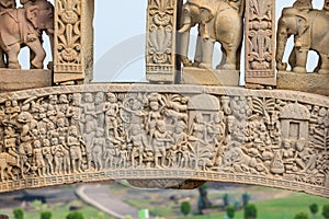 Sanchi Stupa, Ancient buddhist building, religion mystery, carved stone. Travel destination in Madhya Pradesh, India.