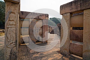 Sanchi Stupa, Ancient buddhist building, religion mystery, carved stone. Travel destination in Madhya Pradesh, India.