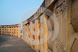 Sanchi Stupa, Ancient buddhist building, religion mystery, carved stone. Travel destination in Madhya Pradesh, India.