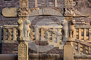 Sanchi Stupa, ancient buddhist hindu statue details, religion mystery, carved stone. Travel destination in Madhya Pradesh, India.