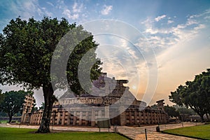 Sanchi Stupa, Madhya Pradesh, India. Ancient buddhist building, religion mystery, carved stone. Sunrise sky.