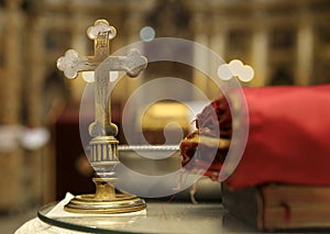 The Sanctification Cross for the baptism ceremony at the Orthodox Church.