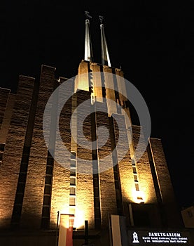 Sanctuary building in Gdynia Poland at night