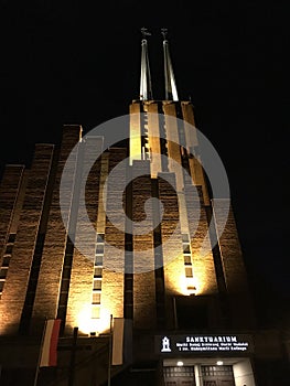 Sanctuary building in Gdynia Poland at night