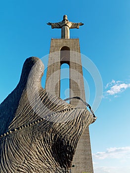 Sanctuary of Christ the King Santuario de Cristo Rei and statue of the Virgin Mary. Lisbon, Portugal