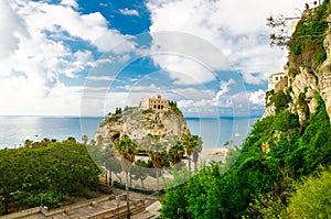 Sanctuary church Santa Maria dell Isola on top rock, Tropea, Italy