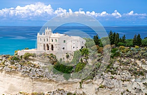 Sanctuary church Santa Maria dell Isola on top rock, Tropea, Italy