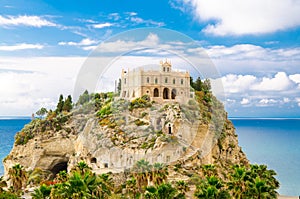Sanctuary church Santa Maria dell Isola on top rock, Tropea, Italy