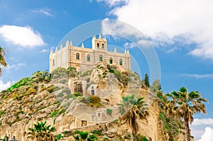 Sanctuary church Santa Maria dell Isola on top rock, Tropea, Italy