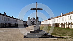 Sanctuary of Our Lady of the Cape, courtyard sided by the pilgrims hostels, Cabo Espichel, Portugal