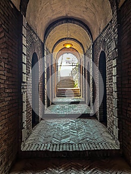 Sanctuary of Our Lady of Love in Rome, Italy. Corridors on the lower floor with plaque