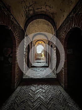 Sanctuary of Our Lady of Love in Rome, Italy. Corridors on the lower floor with plaques c