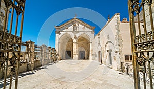 Sanctuary of San Michele Arcangelo facade with latin inscriptions in Monte Sant`Angelo. Province of Foggia, Apulia Puglia.